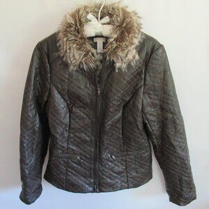 Chico's brown faux leather/fur collar zip front long sleeve jacket *Sz 1(M)*